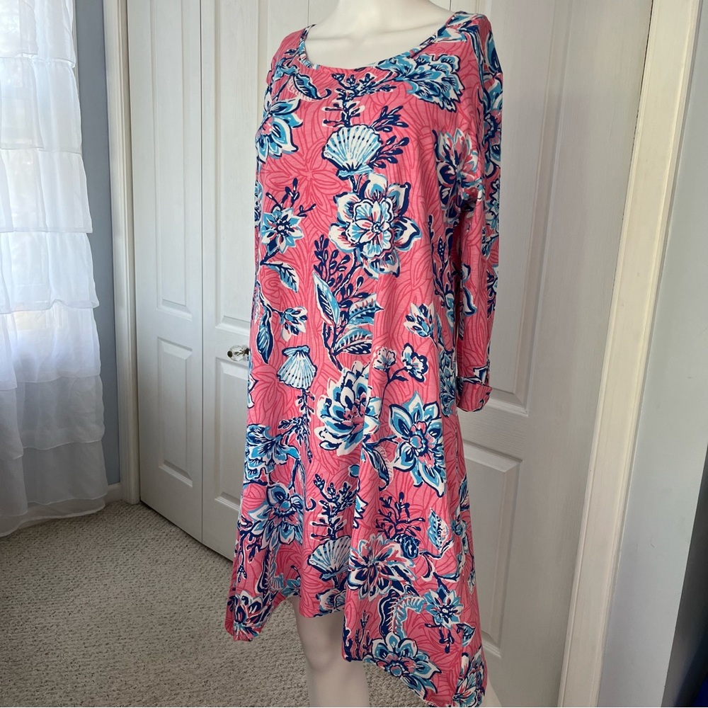 Caribbean Joe Dress Pink Blue Cotton Stretch Lightweight Coastal Shells Beach L